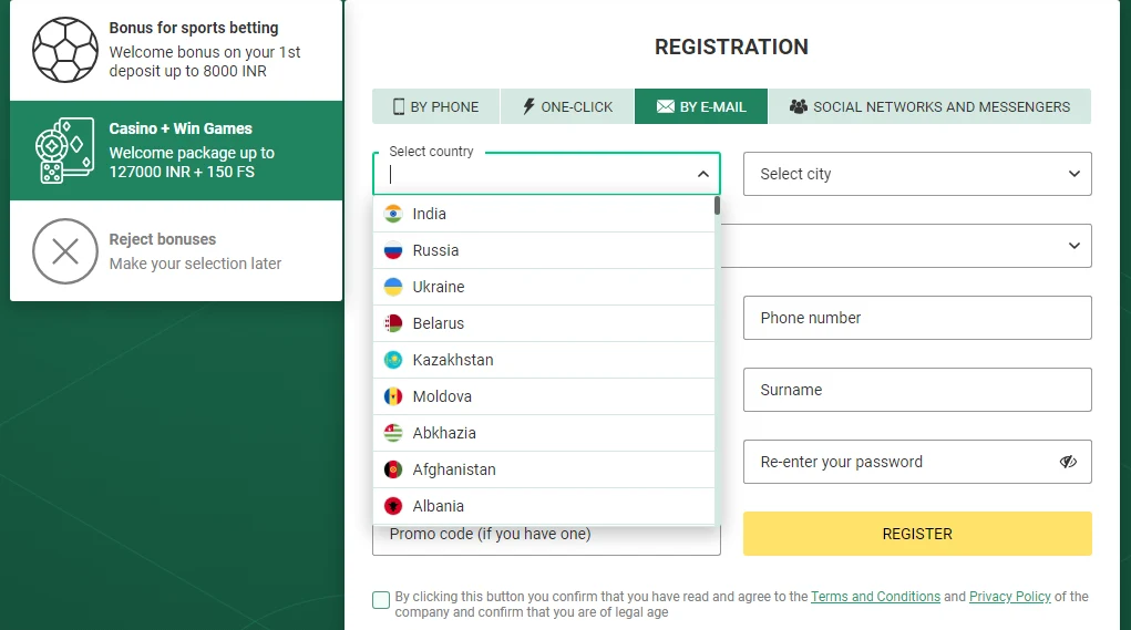 Registro Betwinner por E-mail